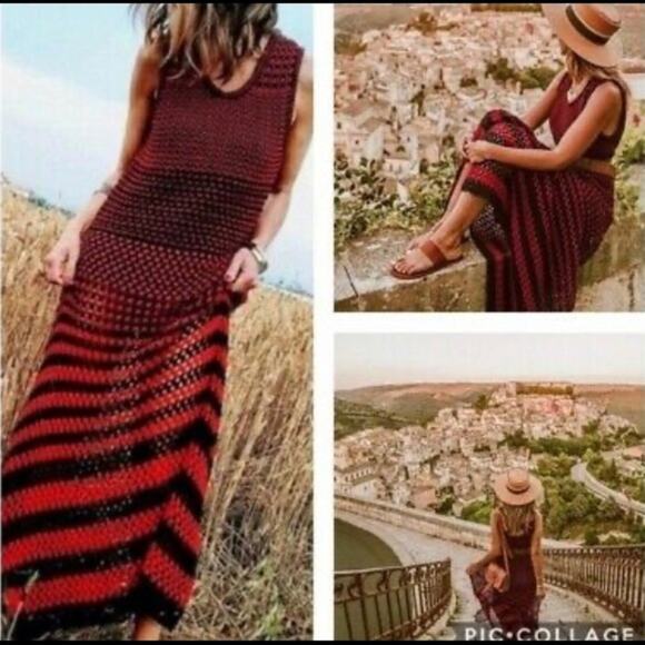 Zara  Studio Red Black Linen Maxi Long Knit Crochet Dress Sz M - Picture 9 of 16